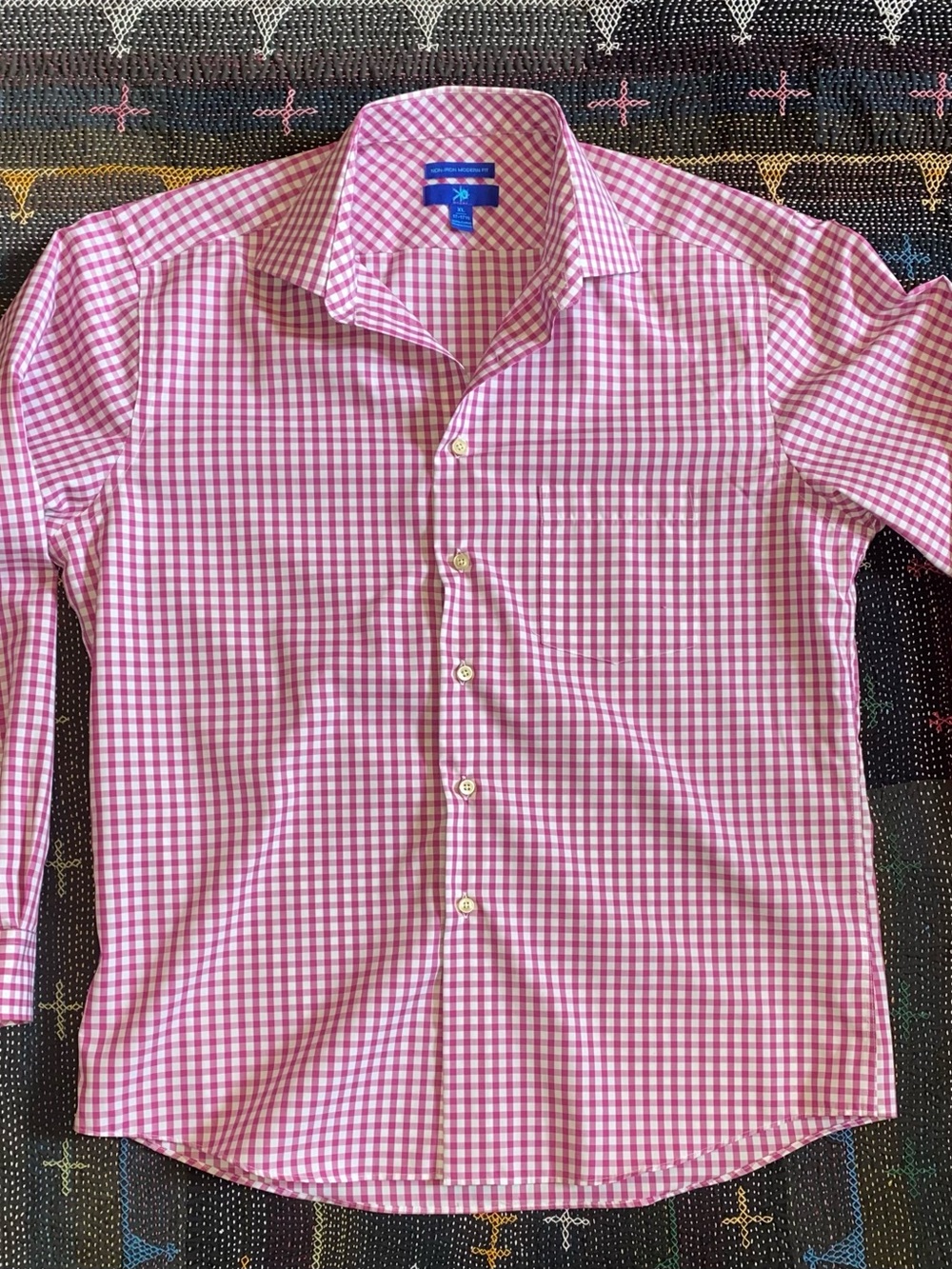 Men’s Button Down Shirt Pink & White Gingham Cotton by EGARA Size XL 17-17.5
